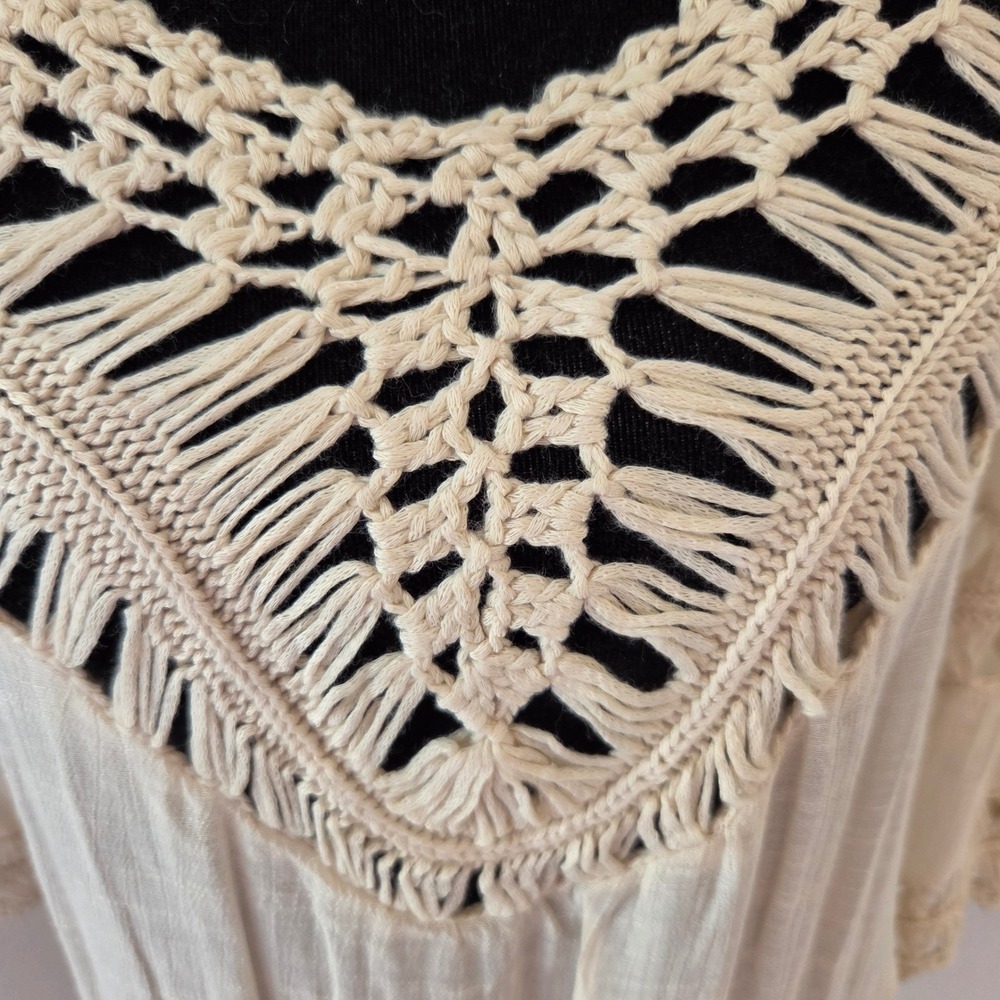 Ivory Crochet Boho Swimsuit Cover-up 3/4 Sleeve Sharkbite Hem Cream Small - Picture 7 of 9